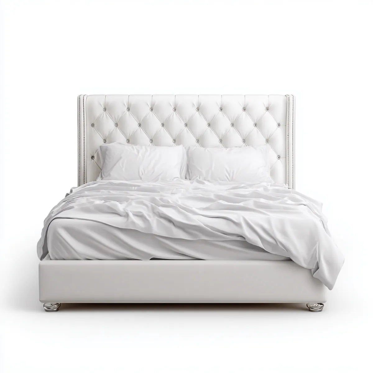 Letto matrimoniale imbottito bianco in poliuretano 160 x 200 cm con testiera capitonné rettangolare