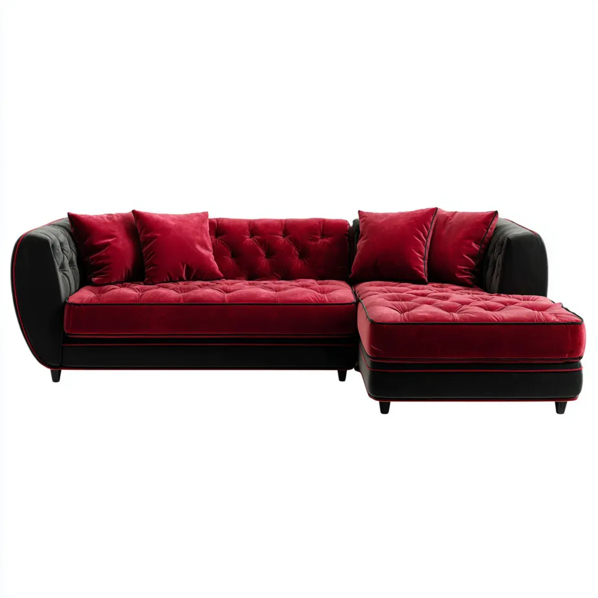 Divano angolare 4 posti con chaise longue destra rosso e nero in velluto di poliestere 270 x 165 x 85 cm