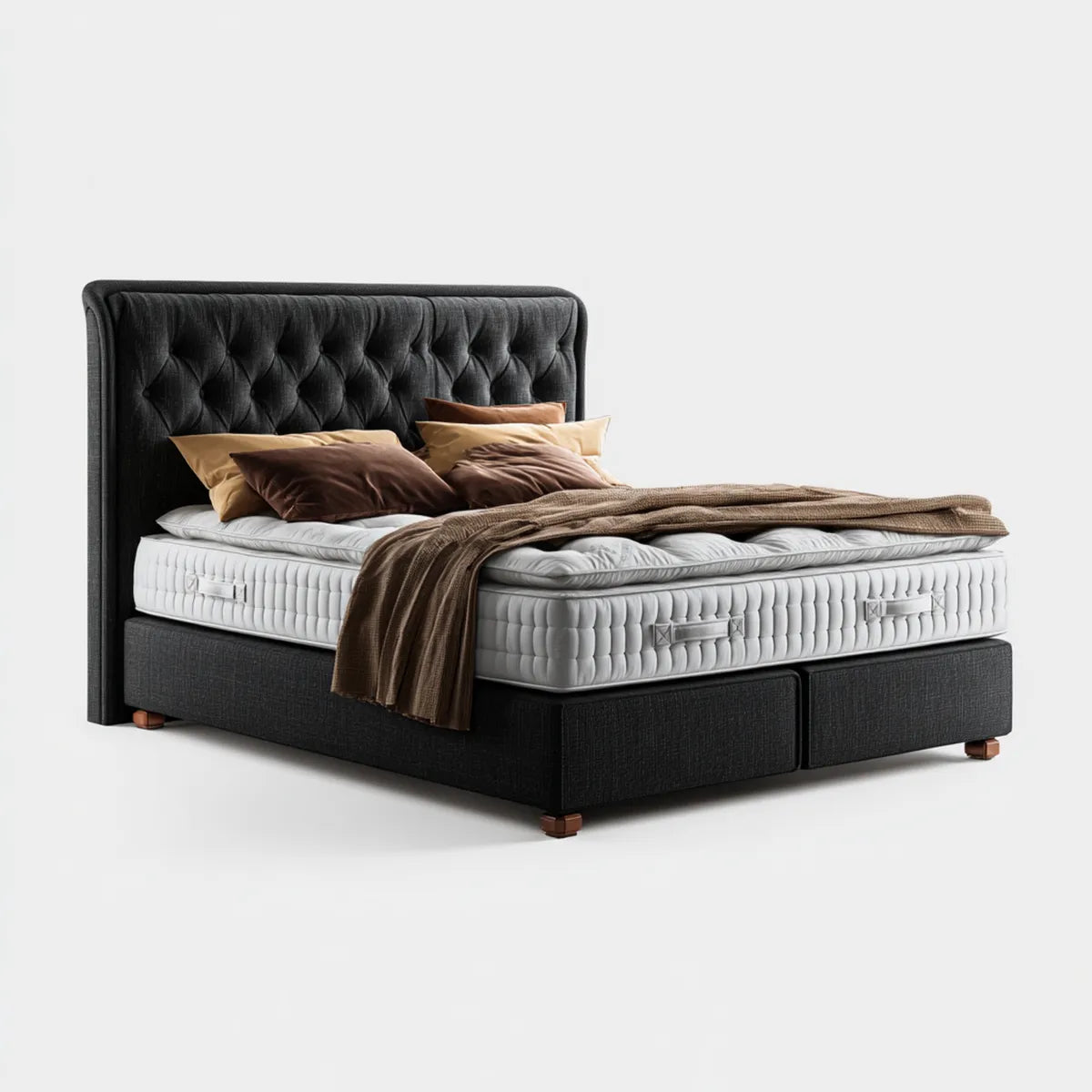 Letto matrimoniale continentale nero 180 x 200 cm con materasso a molle insacchettate testiera imbottita rettangolare in poliestere