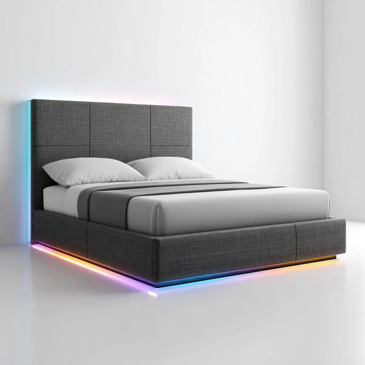 Letto matrimoniale imbottito grigio scuro con LED RGB per materasso 160 x 200 cm struttura rettangolare in MDF e poliestere 174 x 216 x 120 cm