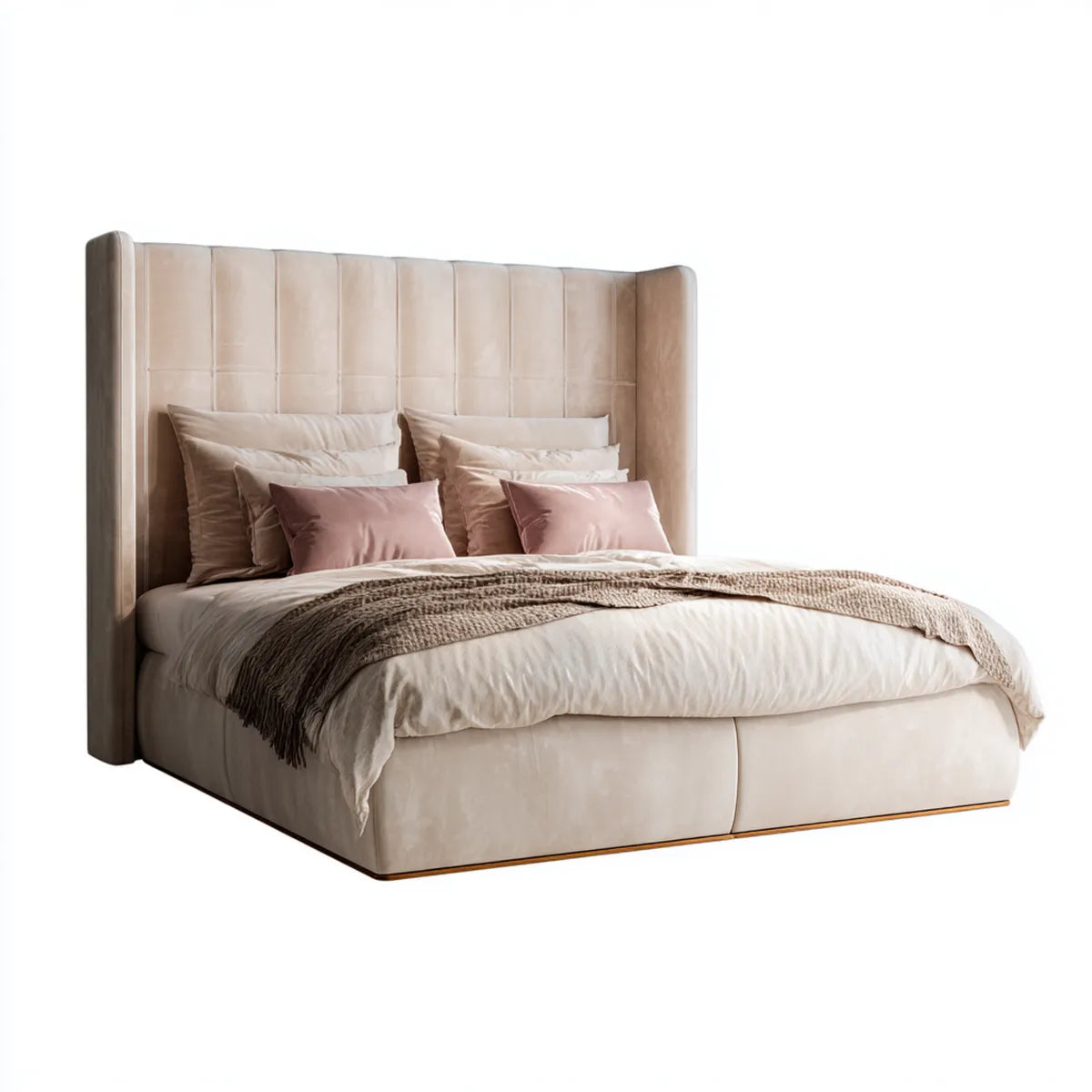 Letto matrimoniale imbottito beige 180 x 200 cm in velluto di poliestere con testiera alta rettangolare
